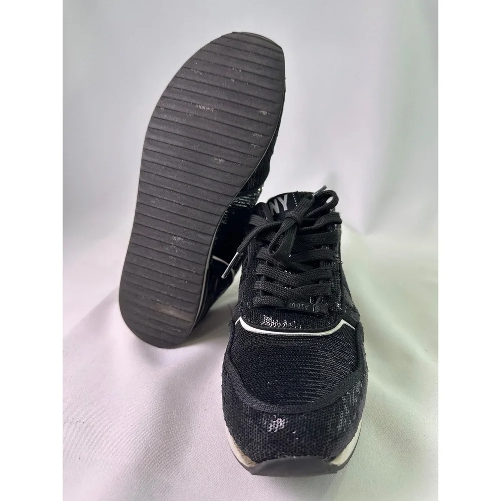 DKNY Women's Size 7.5 M Black Sequin Lace Up Sneakers Fashion Sparkle Athleisure